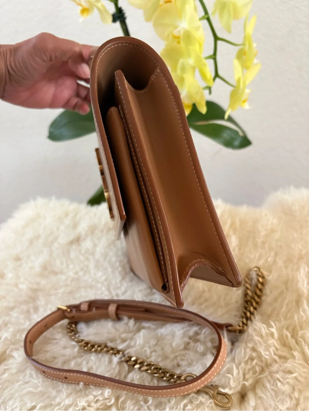 Saint Laurent Smooth Calfskin Medium Monogram Sunset Satchel Natural Tan